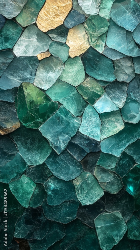 Obraz premium Textured gemstone mosaic background in green and gold hues, ideal for abstract designs and decorative projects