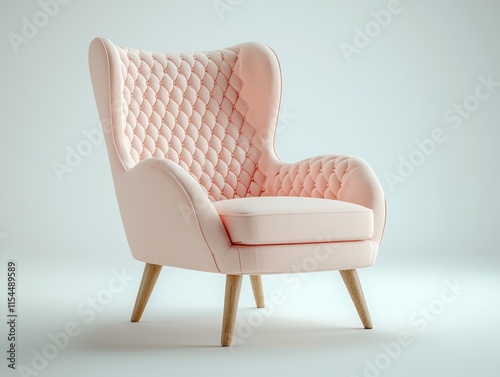 A classic pink armchair with wooden legs and quilted backrest, isolated on a white background. The perfect stylish addition to a nursery.