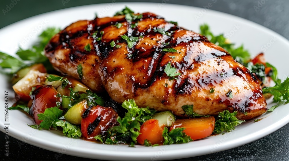 Tender chicken fillet perfectly grilled with a balsamic glaze, accompanied by a vibrant salad of tomatoes and greens, creating a balanced and flavorful dish. Tender chicken fillet perfectly grilled with a balsamic glaze, accompanied by a vibrant salad of tomatoes and greens, creating a balanced and flavorful dish.
