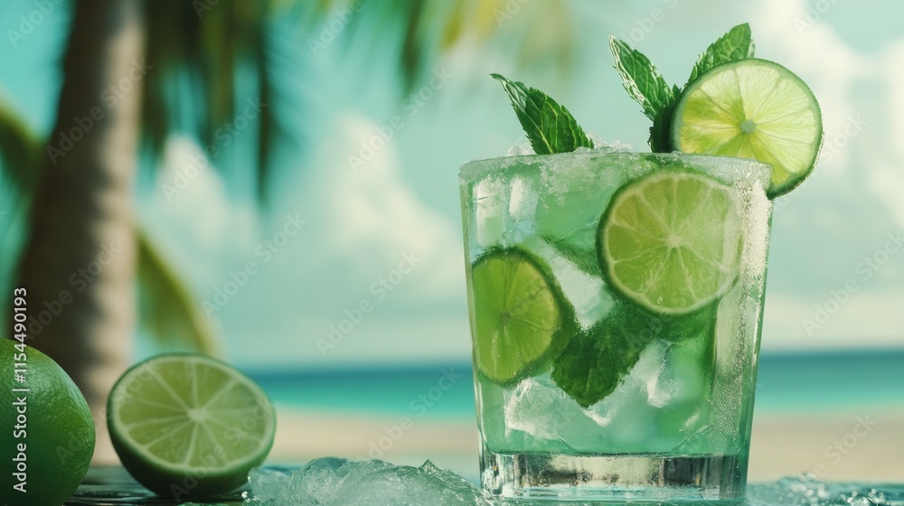 A vibrant mojito cocktail with lime slices and mint leaves, served in a frosty glass, with a tropical beach in the background 