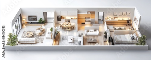 3D rendering of a four-bedroom apartment in isometric , showcasing an efficient layout and sleek interiors. photo