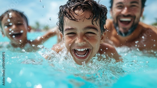 A heartwarming image capturing the pure joy and playfulness of children laughing and splashing around in a bright swimming pool, embodying happiness and summer fun.