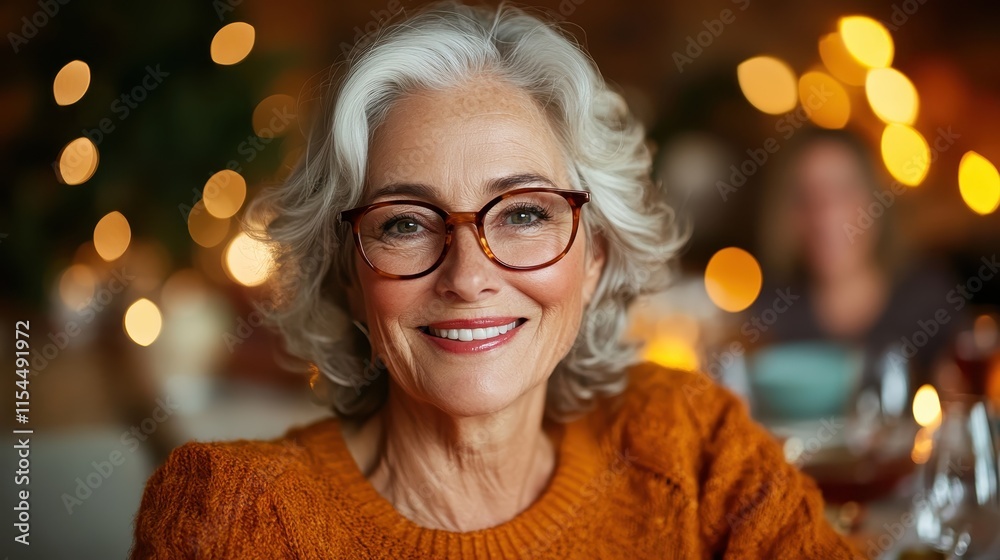 A stylish woman with gray hair and glasses beams at a holiday event, seated in front of a softly-lit dinner scene adorned with warm decor and joyful ambience. A stylish woman with gray hair and glasses beams at a holiday event, seated in front of a softly-lit dinner scene adorned with warm decor and joyful ambience.
