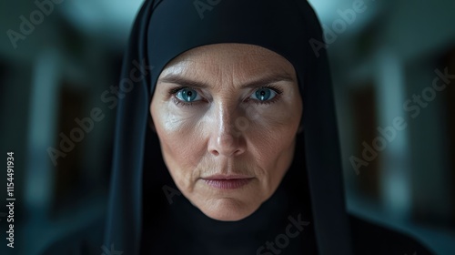 An elderly nun with piercing blue eyes, a stern expression under her dark veil, reflecting timeless dedication amidst shadows of a dimly lit corridor. photo