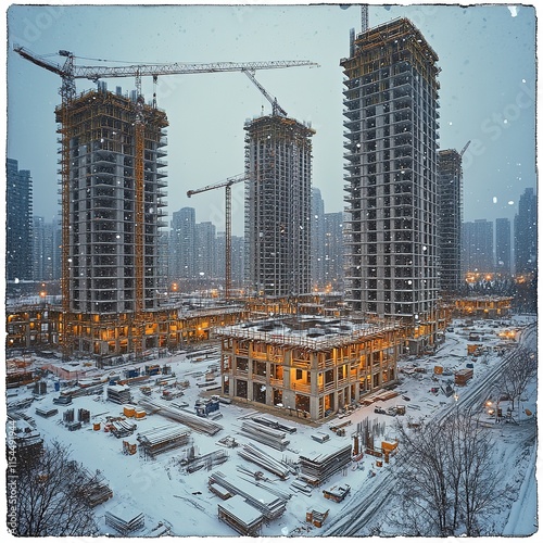 Construction progress and urban development city skyline winter scene high-rise buildings aerial view modern architecture impact #1154491944