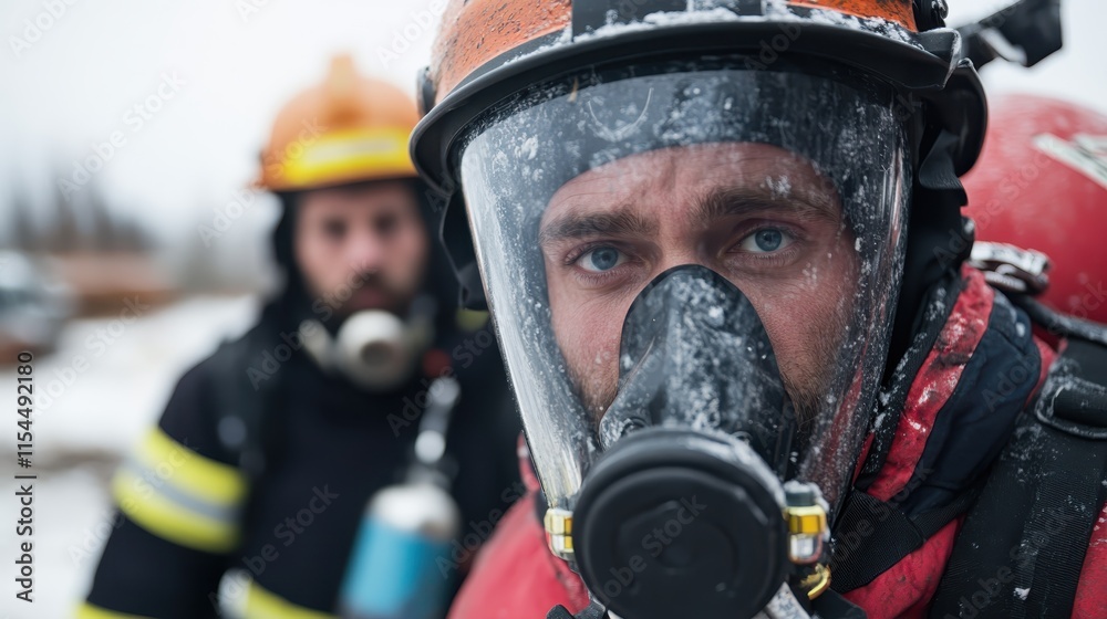 Naklejka premium A firefighter pictured in snowy conditions, wearing a mask with a steady gaze, emphasizing determination and resilience amid challenging circumstances.