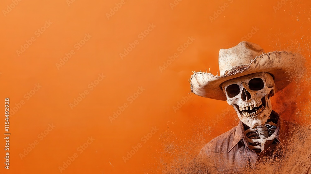 A humorous image of a skeleton wearing a cowboy hat, set against a vibrant orange backdrop, embodies a playful yet eerie juxtaposition of life and death. A humorous image of a skeleton wearing a cowboy hat, set against a vibrant orange backdrop, embodies a playful yet eerie juxtaposition of life and death.