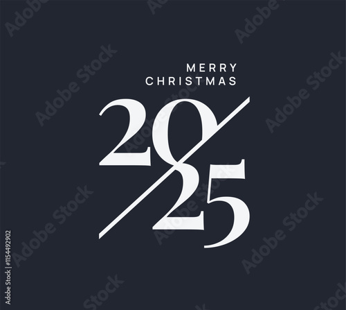 Merry Christmas 2025 poster with modern typography and dark background. Perfect for holiday cards, banners, and festive decorations. Elegant vector illustration