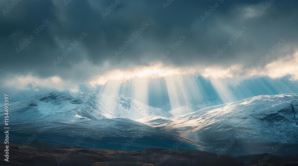 Fototapeta premium Majestic mountains under dramatic clouds and sunlight beams.