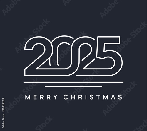 Modern vector illustration of Merry Christmas 2025 with stylish typography and clean design on a dark background. Perfect for holiday cards, banners, and festive projects