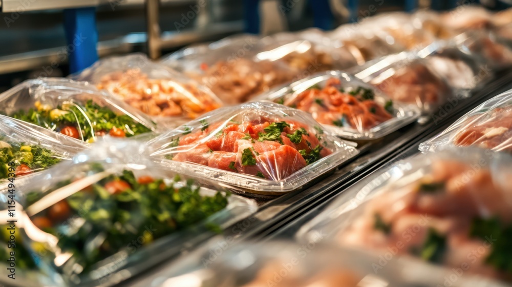Obraz premium Freshly Packaged Raw Ingredients Displayed in Supermarket Aisle