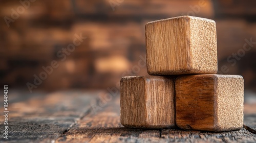 Three brown wooden blocks are neatly stacked on a rustic wooden surface with a blurred, textured background. The image emphasizes balance and natural materials. photo