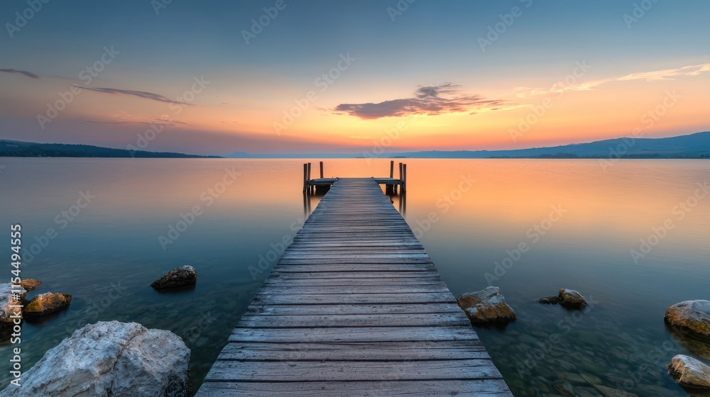 A tranquil scene a wooden pier extending into a serene lake at sunset, capturing the essence peace and reflection in nature A tranquil scene a wooden pier extending into a serene lake at sunset, capturing the essence peace and reflection in nature