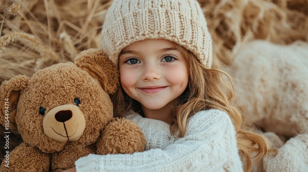 A young girl in a knitted hat and sweater holds a brown teddy bear, smiling warmly, set against a cozy autumn background of dried grass and warm tones. A young girl in a knitted hat and sweater holds a brown teddy bear, smiling warmly, set against a cozy autumn background of dried grass and warm tones.