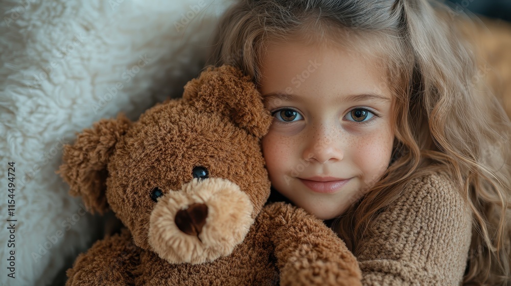 A young girl with long, wavy hair cuddles a brown teddy bear, lying comfortably, and exuding warmth and innocence in a serene domestic environment. A young girl with long, wavy hair cuddles a brown teddy bear, lying comfortably, and exuding warmth and innocence in a serene domestic environment.