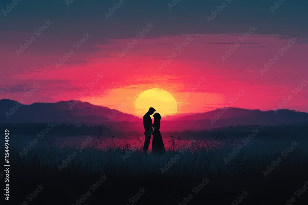 Silhouette Couple Embraces at Sunset Over Mountains Silhouette Couple Embraces at Sunset Over Mountains
