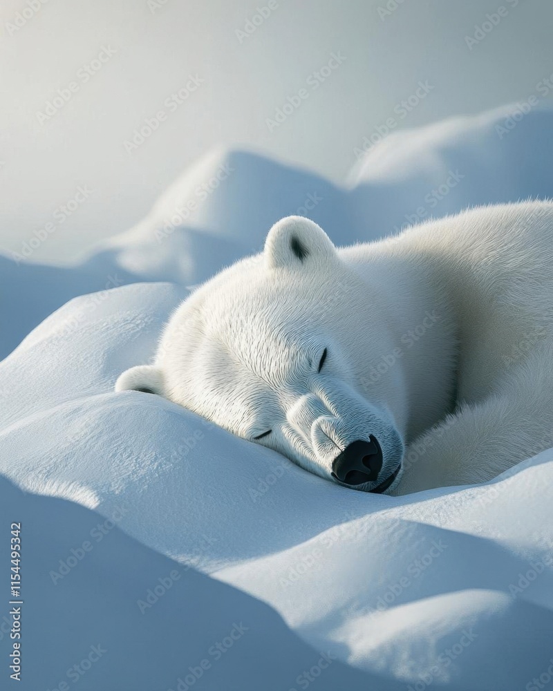 A peaceful polar bear sleeping on a snowy landscape.
