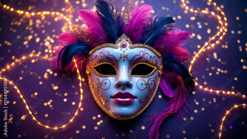 Elegant Venetian Mask with Pink and Blue Feathers and Twinkling Gold Lights Elegant Venetian Mask with Pink and Blue Feathers and Twinkling Gold Lights