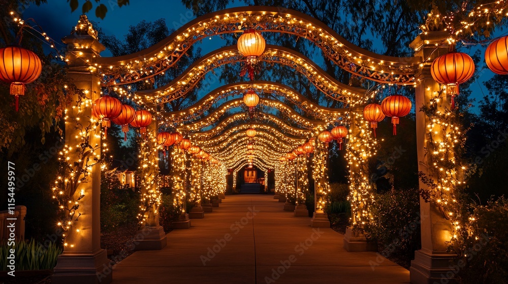 Obraz premium Illuminated archway pathway at night with lanterns and string lights.