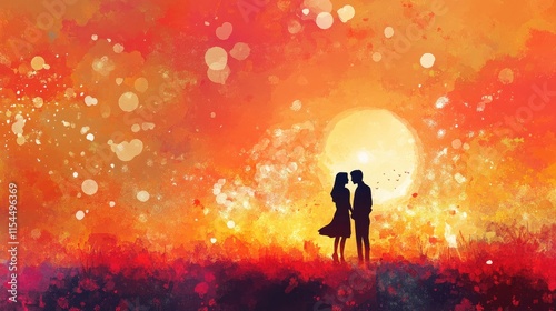 Silhouette Couple Embraces at Sunset Romantic Scene