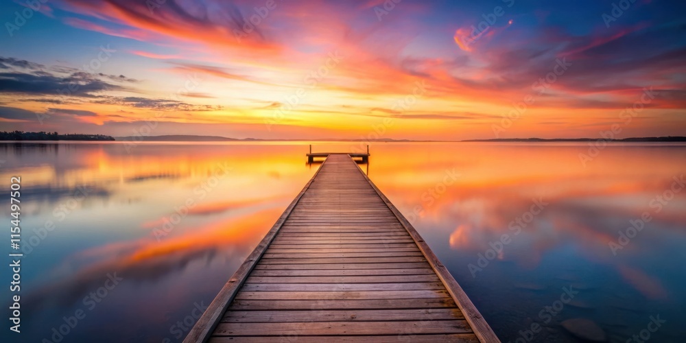 Naklejka premium A Wooden Dock Leading Out To a Calm Lake With a Vibrant Sunset Reflecting In The Water