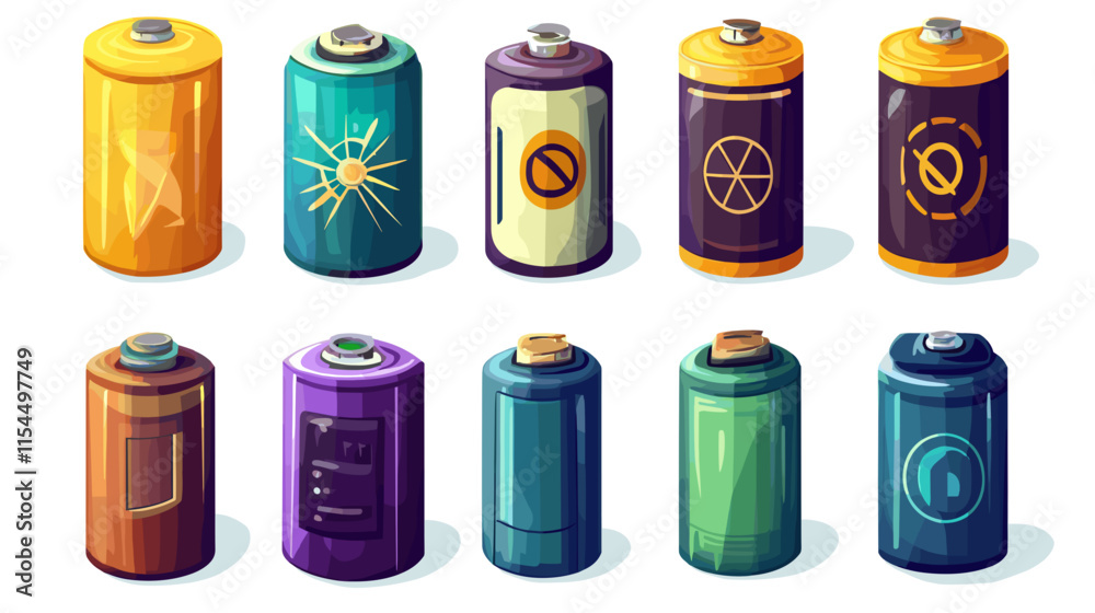Unique collection of colorful batteries arranged in a grid showcasing various designs and sizes in a bright environment Unique collection of colorful batteries arranged in a grid showcasing various designs and sizes in a bright environment