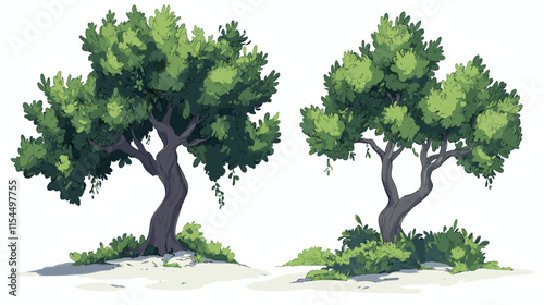 Two distinct cartoon-style trees with lush green foliage and textured trunks in a simple landscape setting
