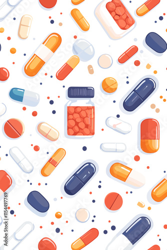 Colorful assortment of various pills and capsules scattered on a white background