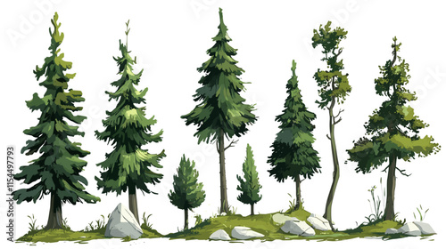 Collection of various tree species illustrated with rocks and grass in a natural setting