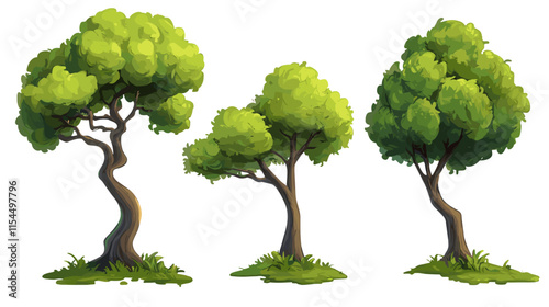 Unique collection of stylized trees representing diverse shapes and textures in a vibrant digital illustration