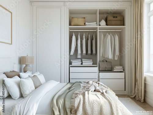 A cozy bedroom with white walls and a well-organized closet, featuring clothes hung neatly for a serene atmosphere.