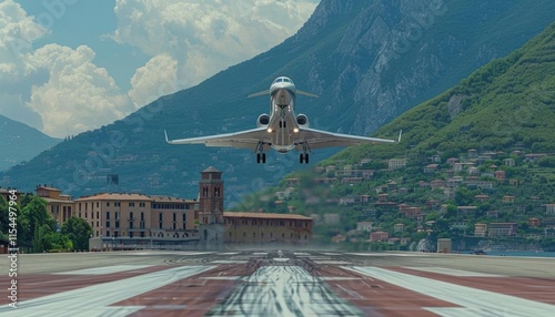 A jet takes off from a runway with mountains in the background.