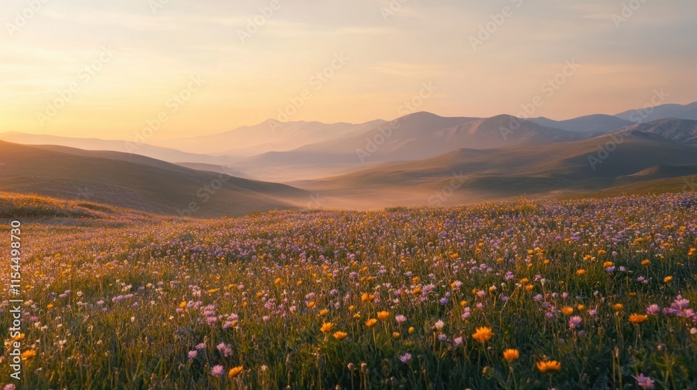 Fototapeta premium Serene Meadow Landscape at Sunrise with Colorful Wildflowers