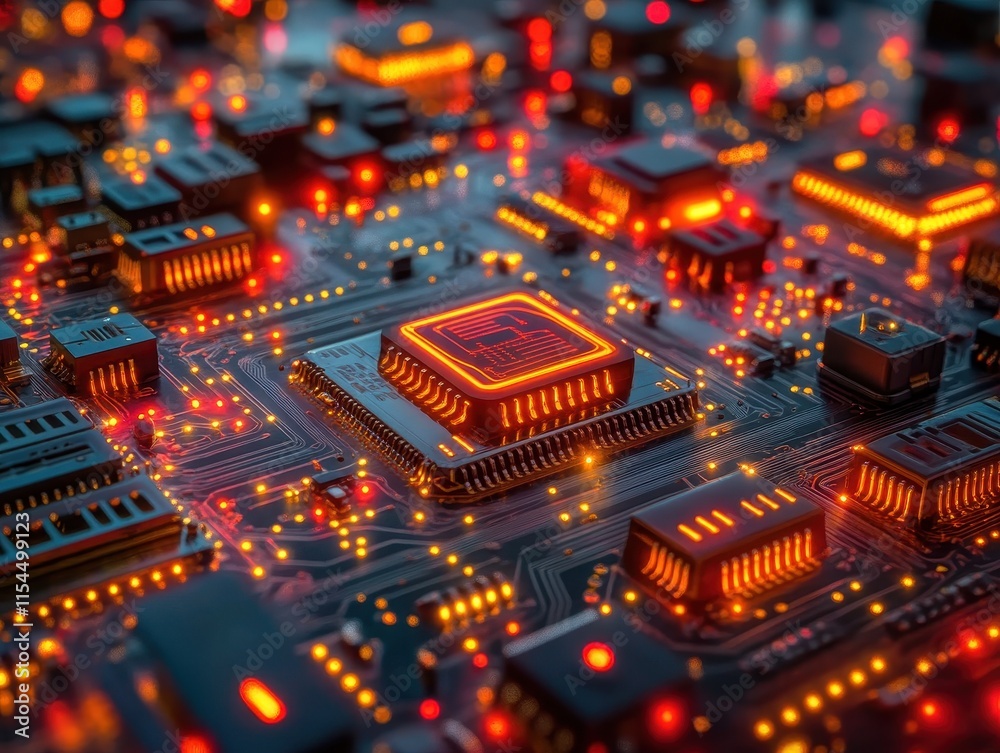 Obraz premium Close-up of a circuit board with glowing components and intricate details.