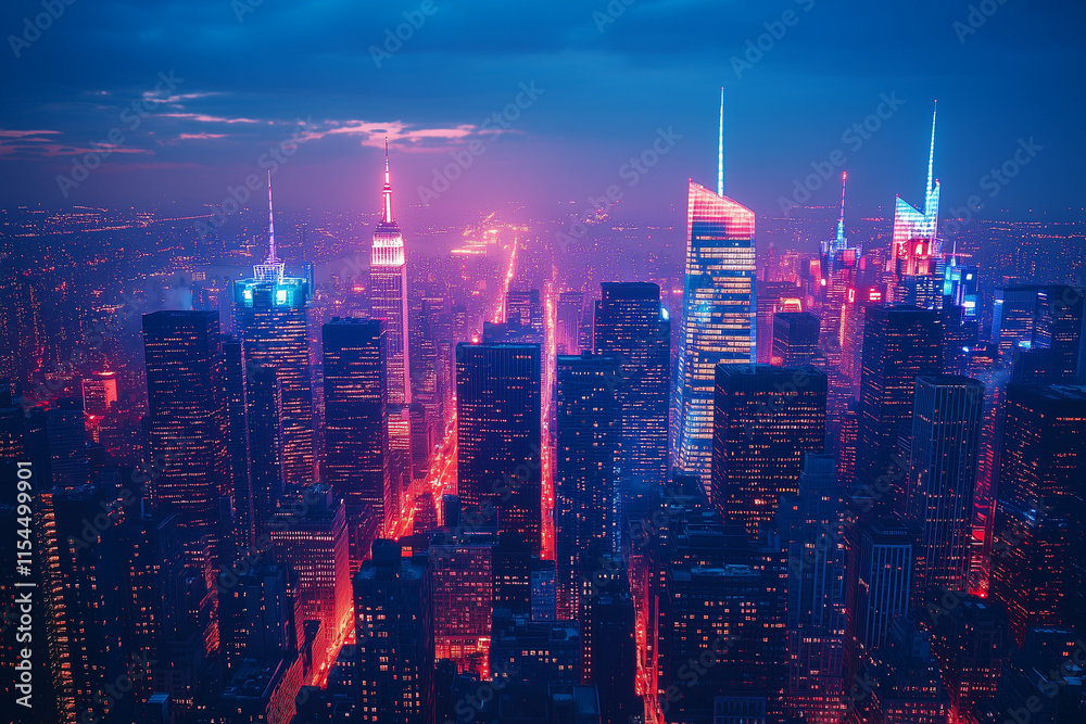 Fototapeta premium Vibrant Cityscape Night Illuminated Skyscra