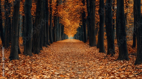 An enchanted forest pathway lined with autumn leaves, creating a magical ambiance for fall-themed designs and storytelling photo