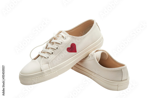 Casual white sneakers with red heart design isolated on white