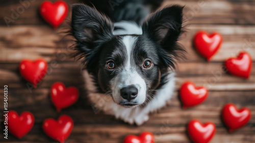 Cute Border Collie puppy with red hearts around