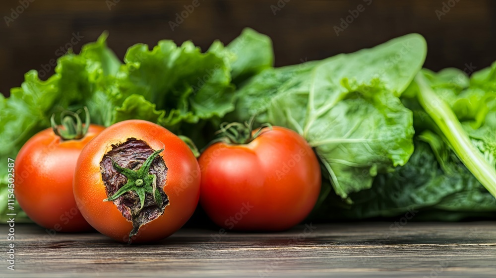 Close-up Fresh Vegetables with Rotten Tomato Highlighting Food Contamination, Health Awareness, and Quality Control in Agriculture Close-up Fresh Vegetables with Rotten Tomato Highlighting Food Contamination, Health Awareness, and Quality Control in Agriculture