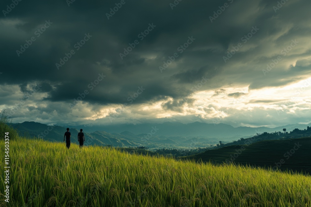 Diagonal composition of rice terraces with local farmers, monsoon clouds, documentary style Diagonal composition of rice terraces with local farmers, monsoon clouds, documentary style