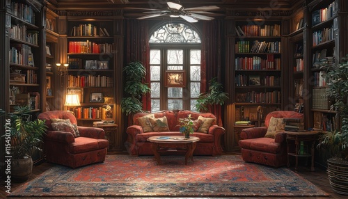 A cozy room with armchairs, a couch, bookshelves, and a ceiling fan, creating a warm and relaxing space.