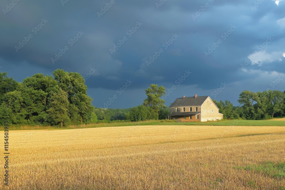 Diagonal sweep of wheat fields with old farmhouse, approaching storm light, rural americana Diagonal sweep of wheat fields with old farmhouse, approaching storm light, rural americana