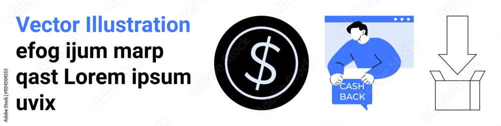Obraz premium Cashback promotion illustration with dollar sign in black circle, person holding cashback sign in a window, and a download arrow pointing to a box. Ideal for online shopping, promotions, e-commerce