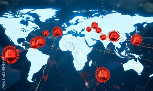 Airport Contagion Simulation with Red Particles, Animated Travel Routes, and Glowing Global Virus Spread Map