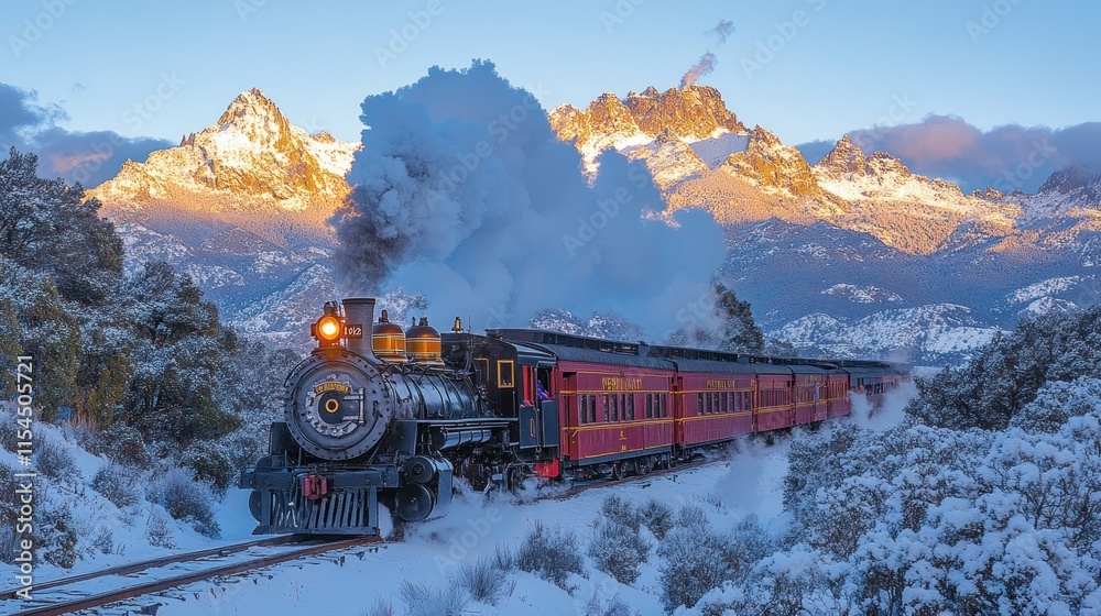 Obraz premium A vintage steam train travels through a snowy landscape with mountains in the background.