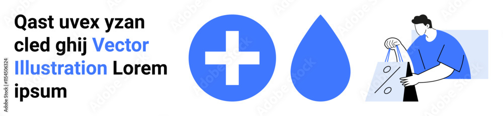 Fototapeta premium Man carrying shopping bags, blue health cross, and water drop. Ideal for health, hydration, shopping, daily life, wellness balance and lifestyle themes. Landing page
