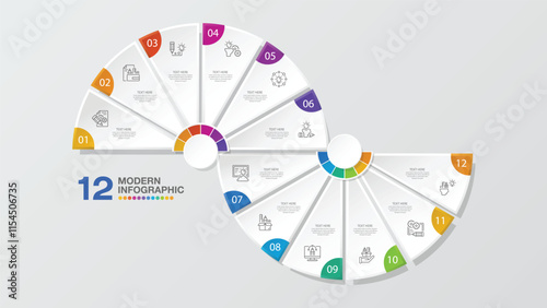 Modern circle infographic with 12 steps, process or options.