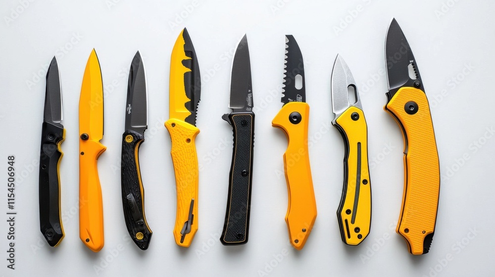 Assorted Sharp Tools and Utility Knives Laid Out on White Background Assorted Sharp Tools and Utility Knives Laid Out on White Background
