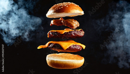 Flying cheeseburger hamburger flying in mid-air, with ingredients suspended against a sleek black background, delicious fast food concept