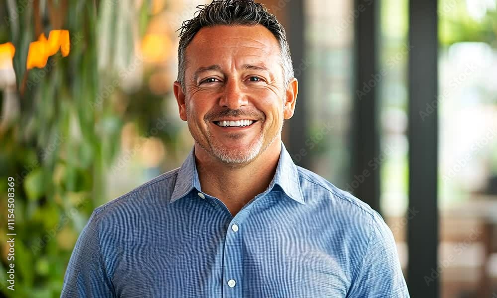 Friendly man wearing a blue shirt smiles warmly in a modern, bright indoor setting with greenery, conveying a sense of professionalism and approachability. Friendly man wearing a blue shirt smiles warmly in a modern, bright indoor setting with greenery, conveying a sense of professionalism and approachability.